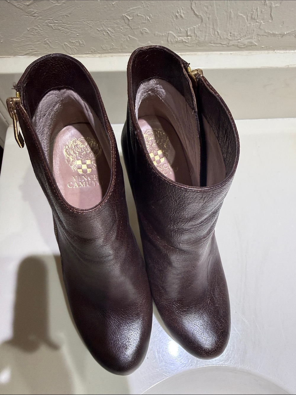 Vince Camuto Chocolate Brown Leather Ankle Booties with Gold Accent